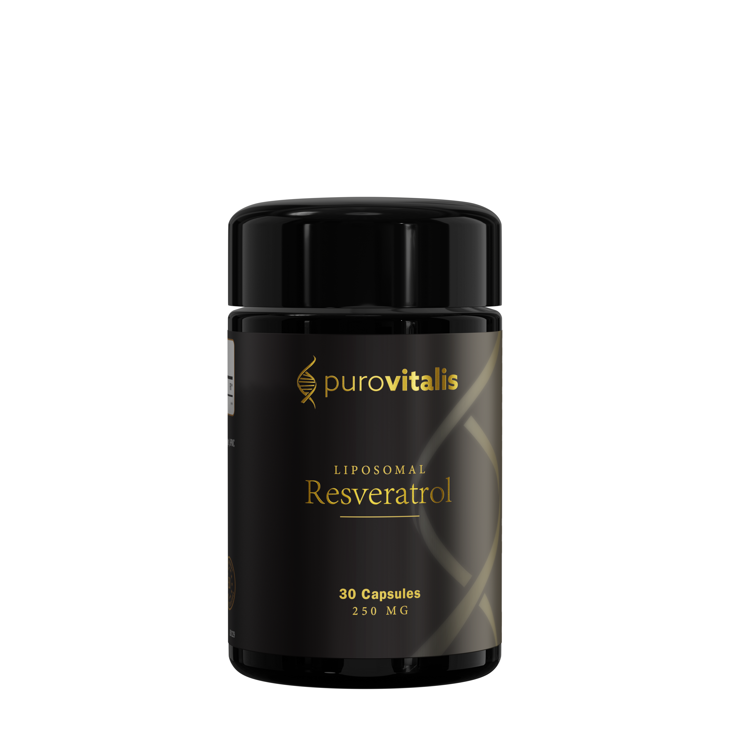 Purovitalis liposomal resveratrol capsules in a bottle, herbal supplement by Purovitalis, with 30 capsules for health support.