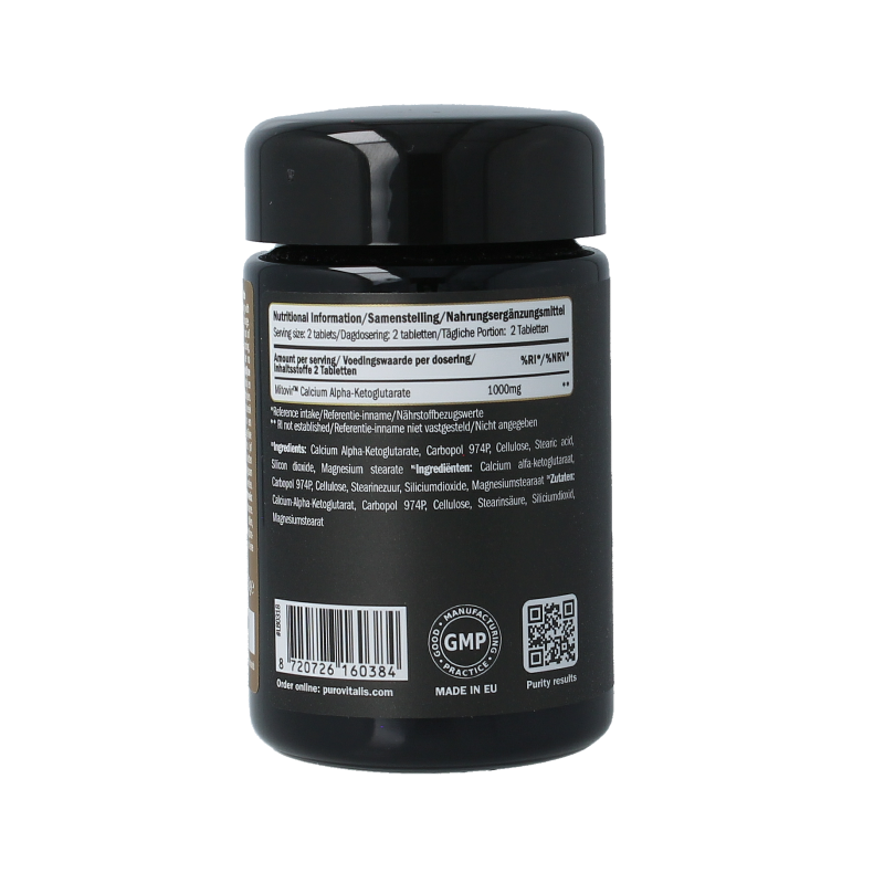 Purovitalis Ca-AKG mineral supplement in a bottle of 60 tablets, dietary supplement for bone health and mineral balance.