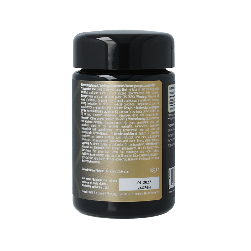 Purovitalis Ca-AKG mineral supplement with 60 tablets, showing the bottle and tablets inside for health and wellness.