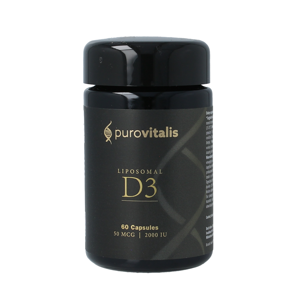 Purovitalis liposomal vitamin D3 vegetarian capsules in a clear container, showcasing the supplement's packaging and capsules.