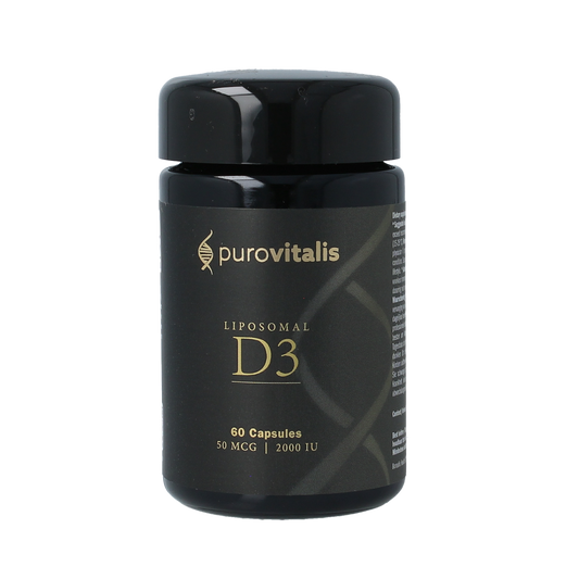 Purovitalis liposomal vitamin D3 vegetarian capsules in a clear container, showcasing the supplement's packaging and capsules.