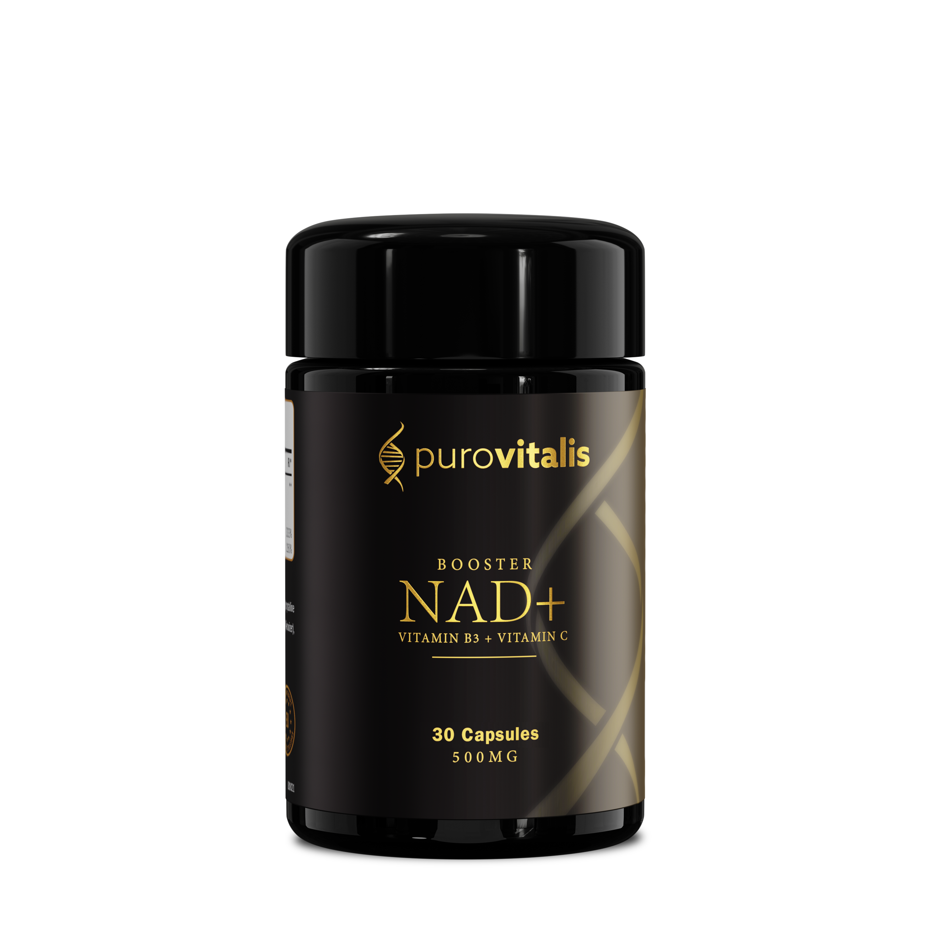 Purovitalis NAD+ Booster capsules, dietary supplement with 30 capsules for energy and vitality support.