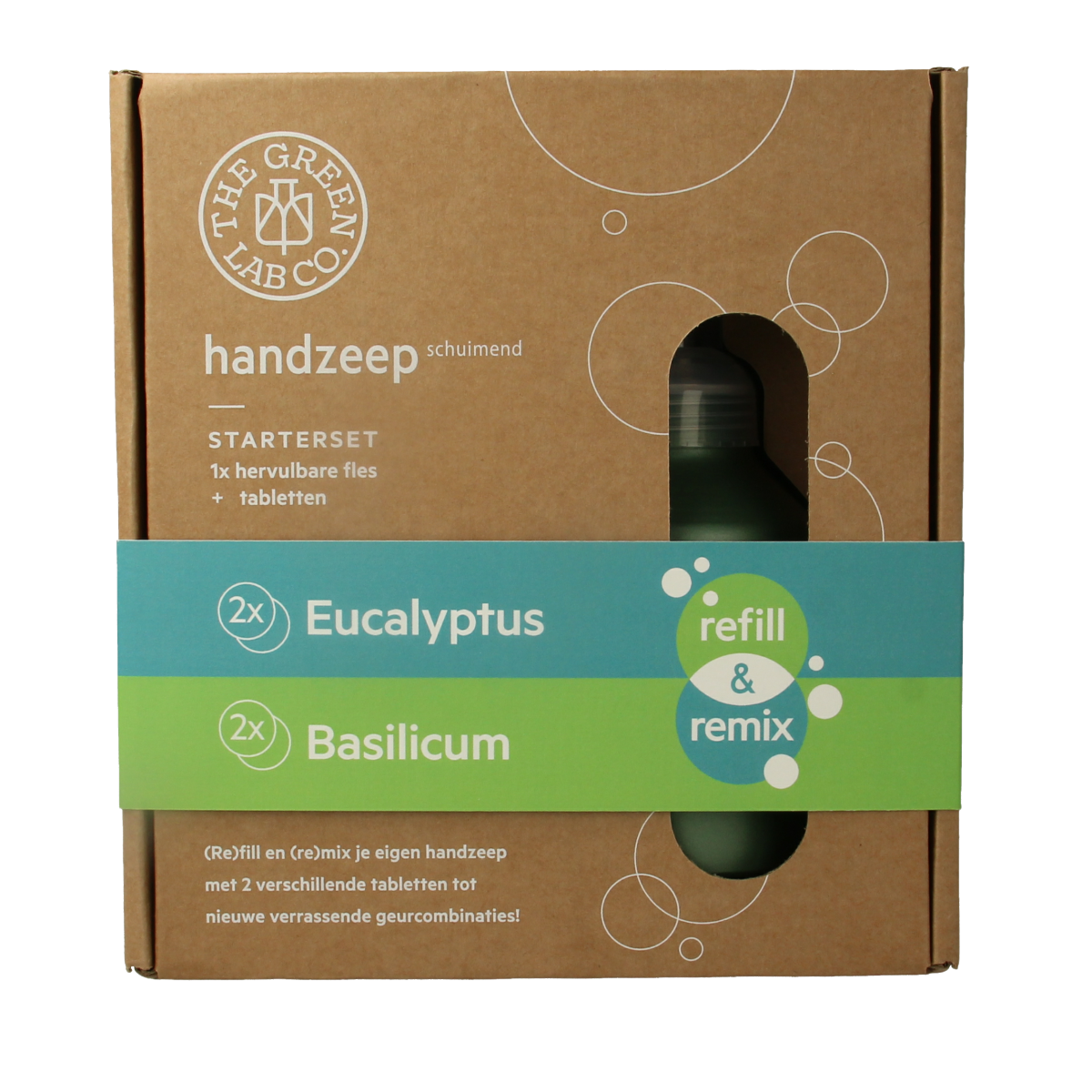 The Green Lab Co Handzeep premium hand care set with eucalyptus and basilicum, featuring bottles of hand soap and skincare products.