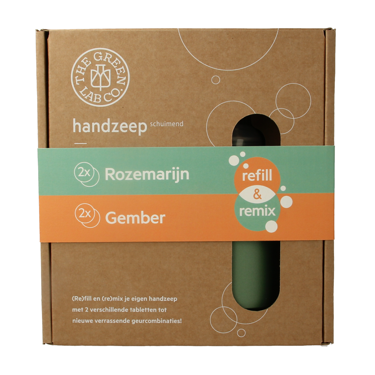 The Green Lab Co Handzeep premium starterset with rosemary and ginger, featuring elegant hand care bottles in a natural setting.