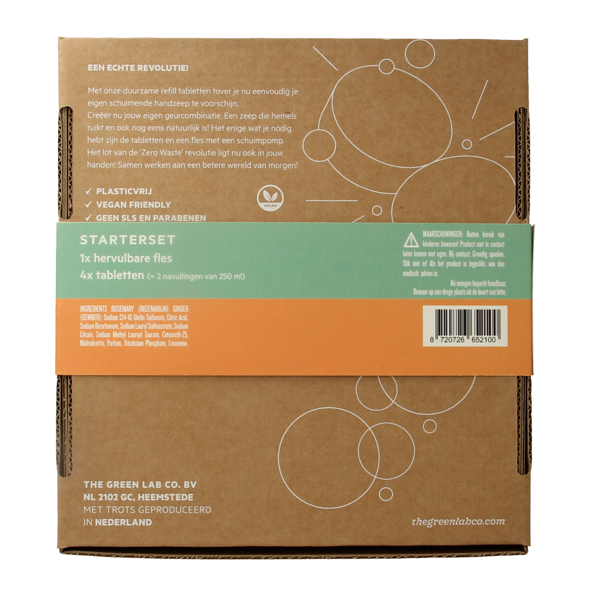 The Green Lab Co Handzeep premium starterset with rosemary and ginger, hand care product in a sleek bottle, natural ingredients.