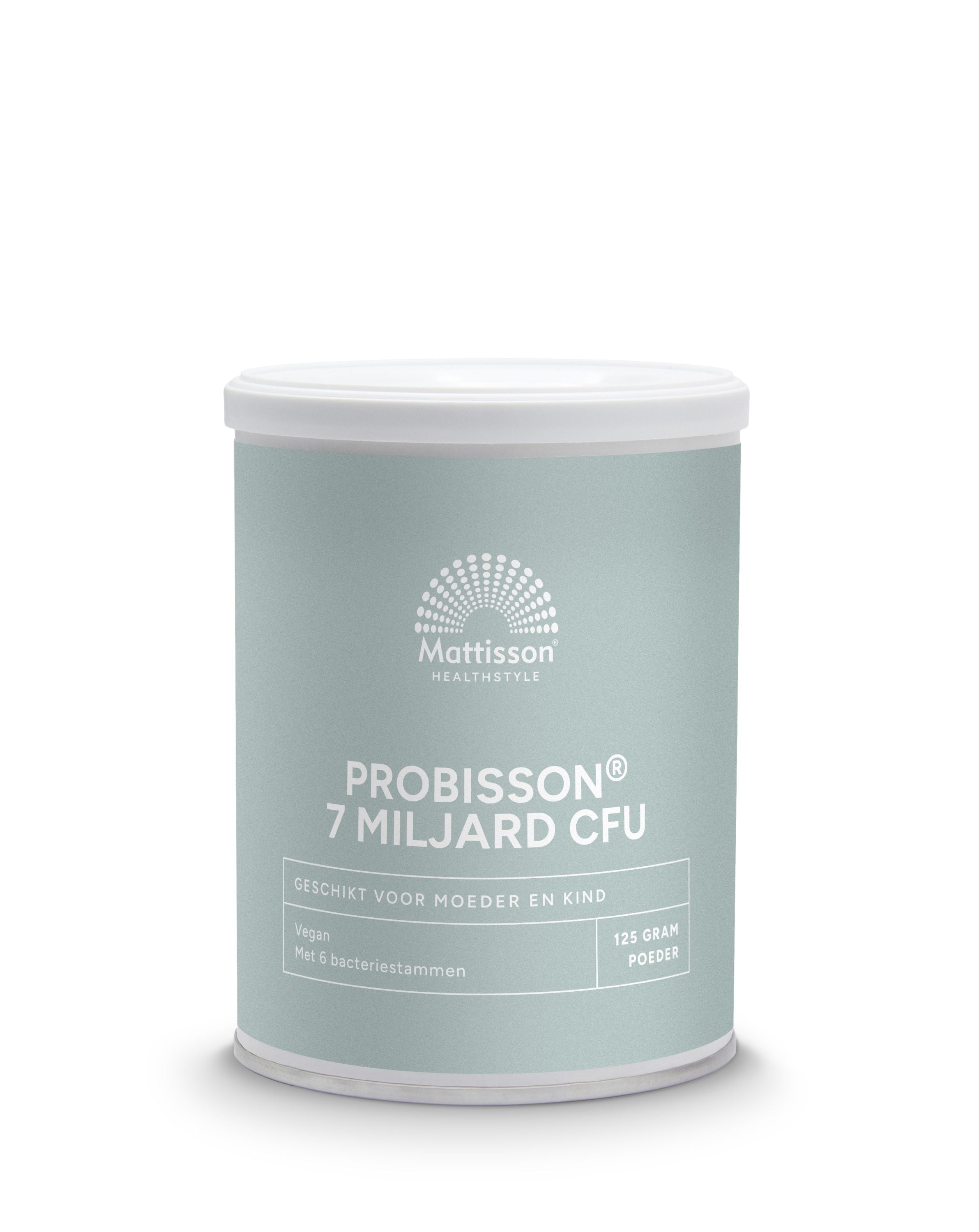 Mattisson Probisson probiotic powder with 7 billion CFU for mother and child, 125g, featuring micro-organisms in a white jar