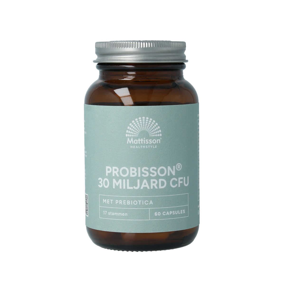 Mattisson Probisson 30 miljard CFU probiotic capsules with prebiotics, showing the bottle and capsules inside.