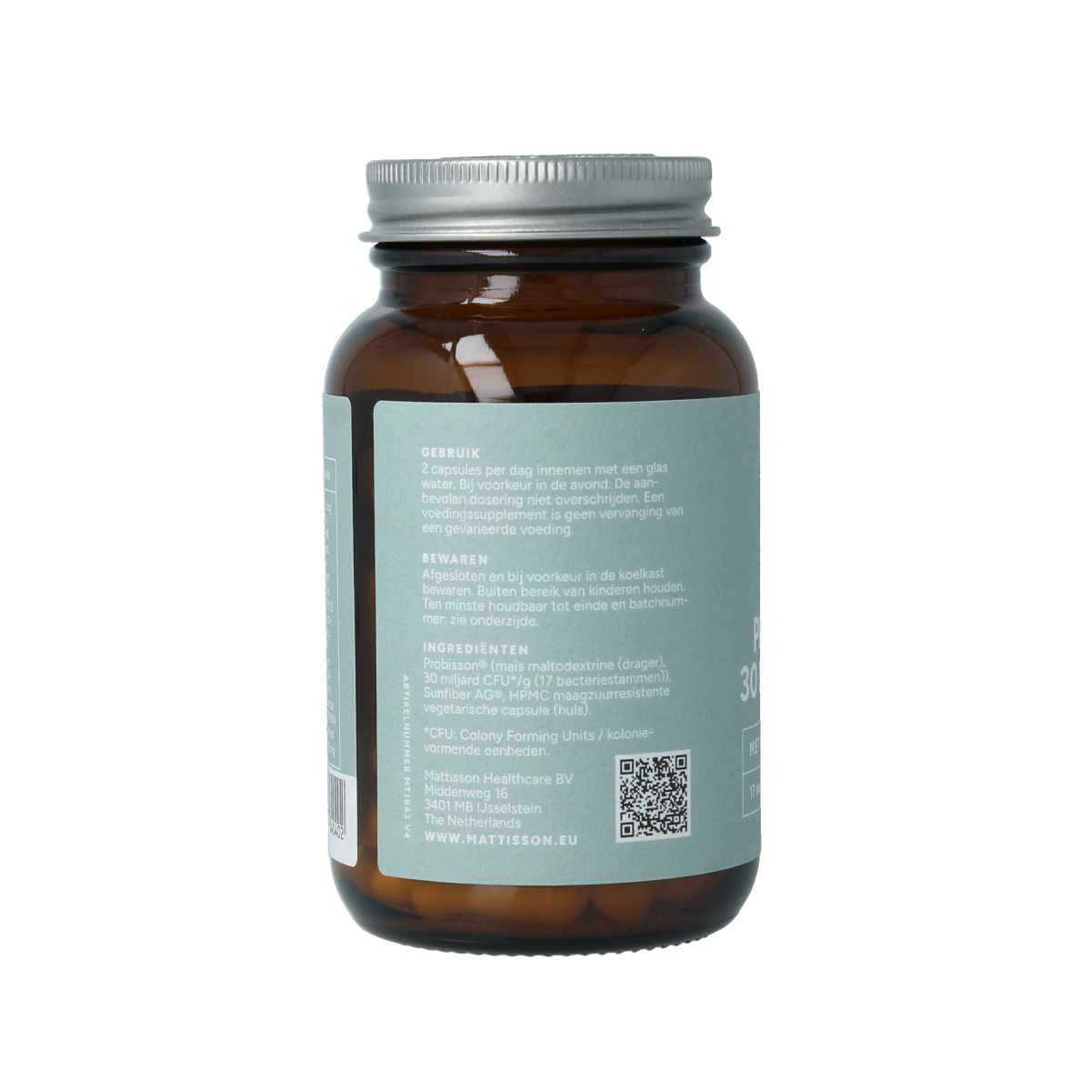 Mattisson Probisson 30 miljard CFU probiotic capsules with prebiotics, containing micro-organisms, shown in a bottle.