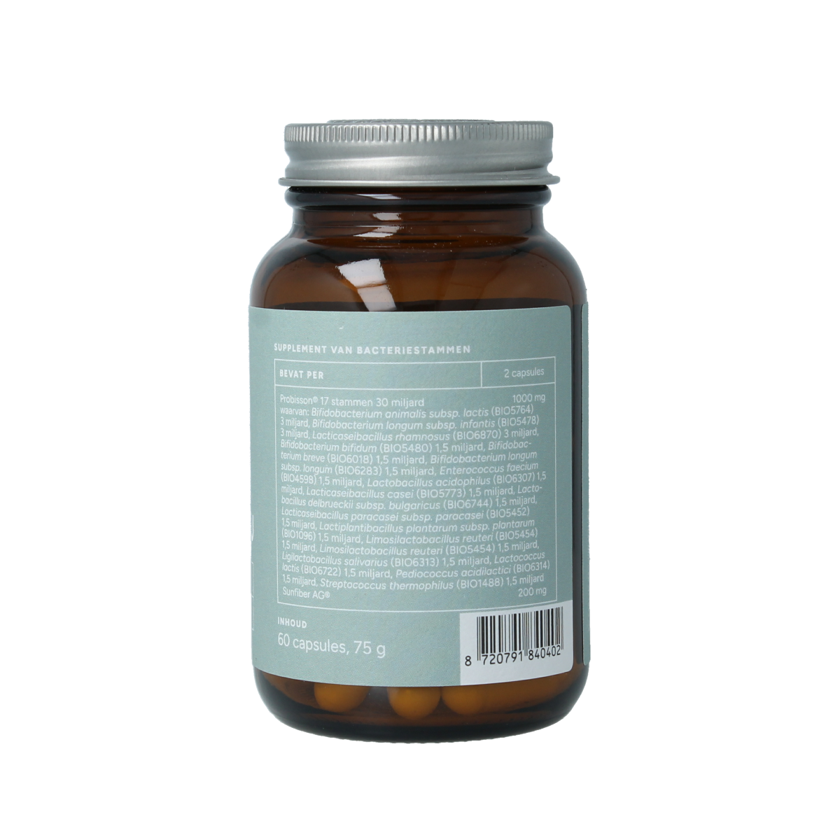 Mattisson Probisson probiotic capsules with 30 billion CFU and prebiotics, showing the bottle and capsules inside.