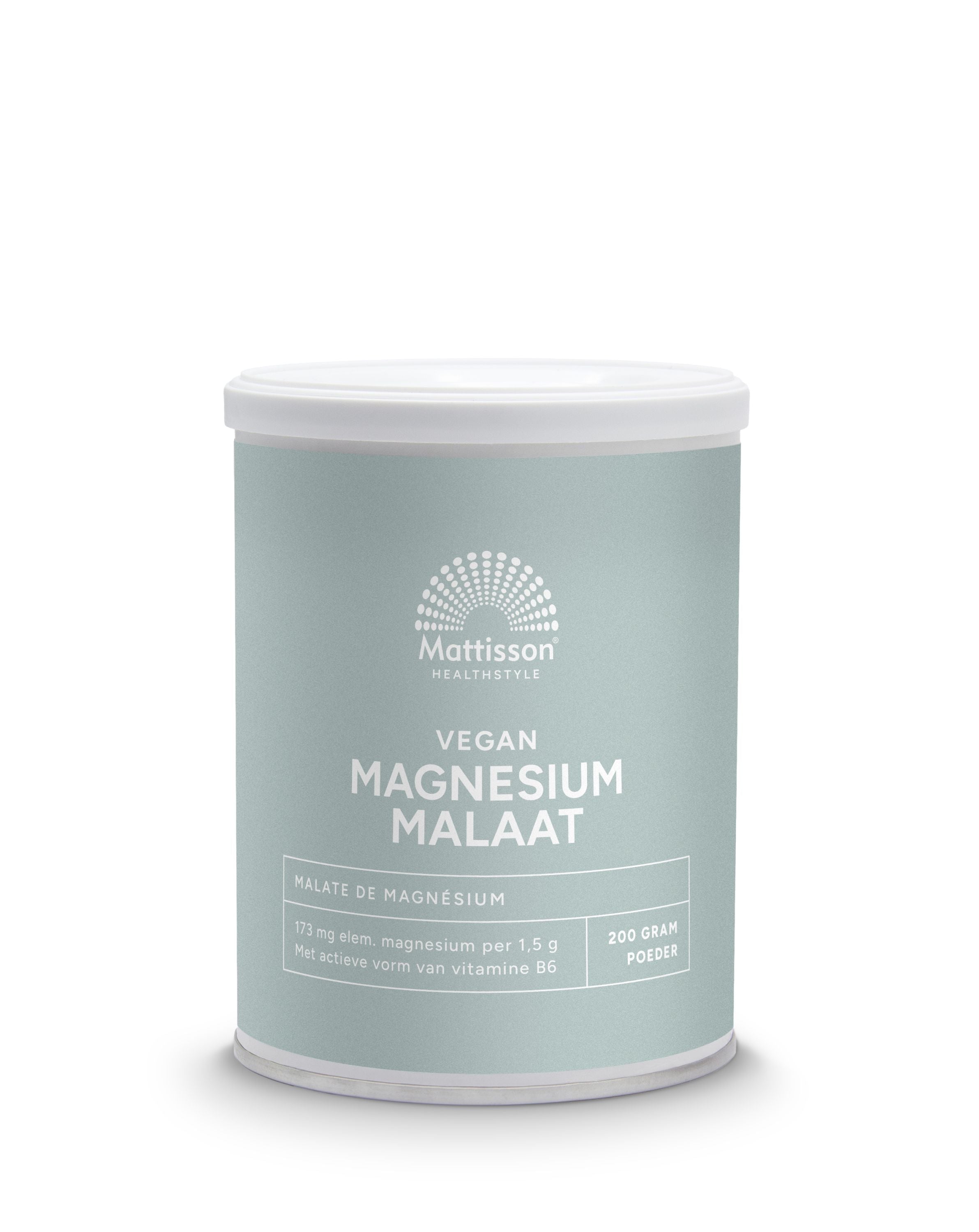 Mattisson Magnesium Malate with active vitamin B6 in 200g, showing the mineral supplement packaging and product label.