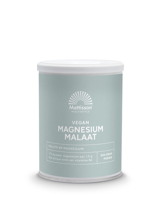 Mattisson Magnesium Malate with active vitamin B6 in 200g, showing the mineral supplement packaging and product label.