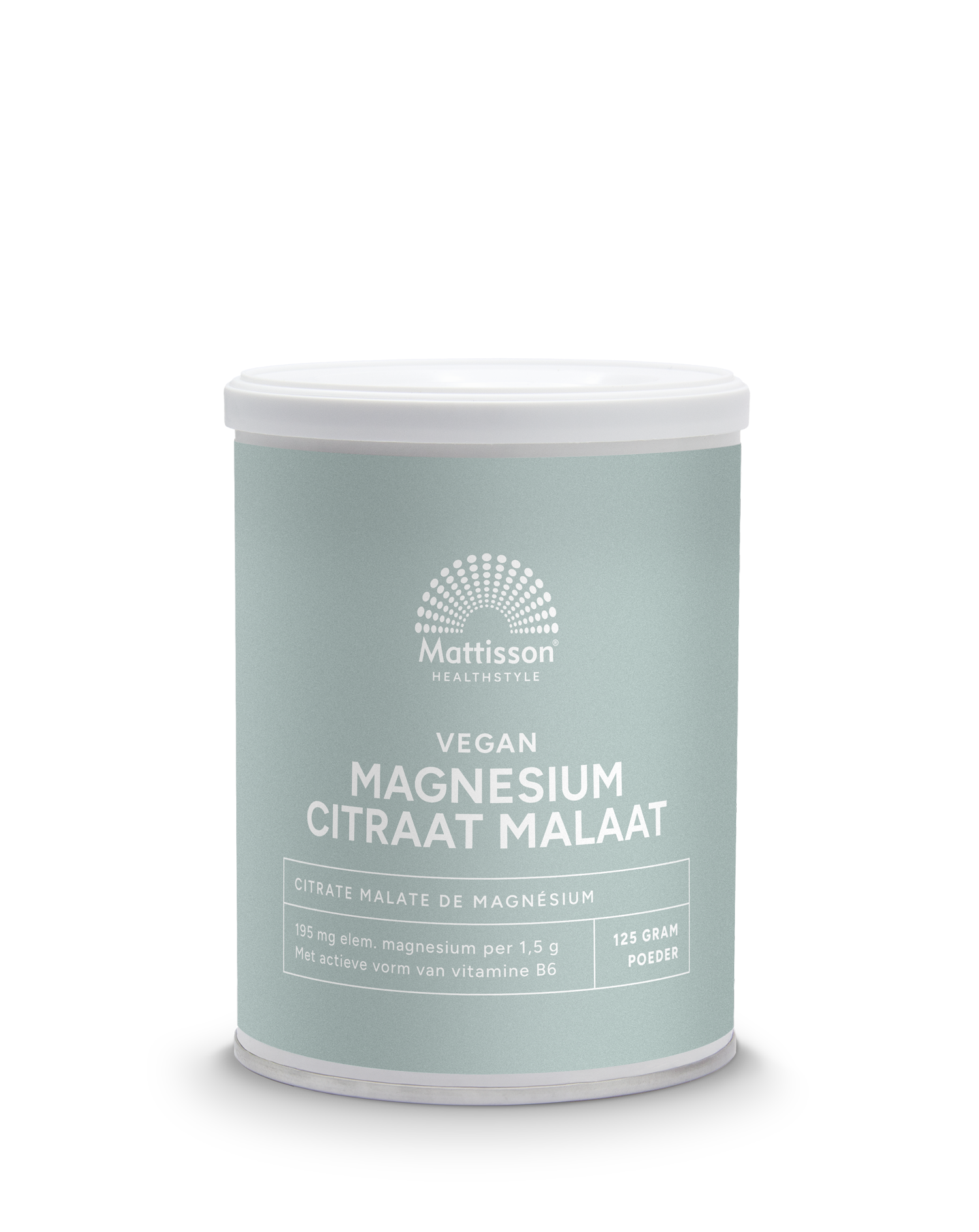 Mattisson Magnesium citraat malaat supplement with active vitamin B6, 125 grams, showing the mineral powder in a container.