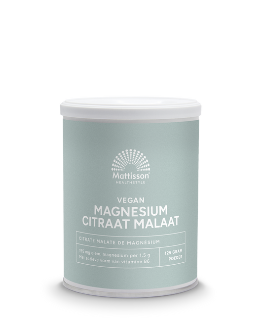 Mattisson Magnesium citraat malaat supplement with active vitamin B6, 125 grams, showing the mineral powder in a container.