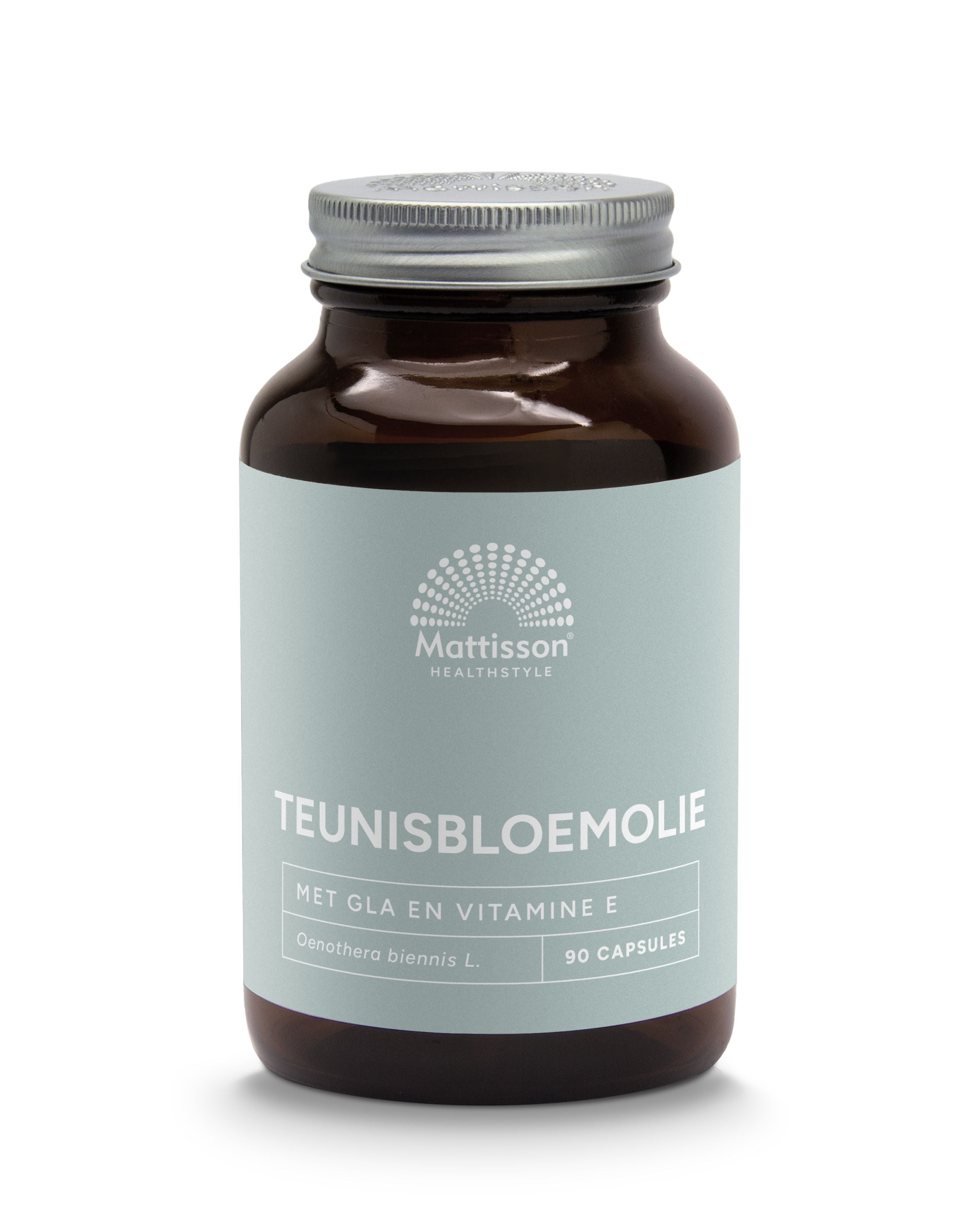 Mattisson Teunisbloemolie capsules with vitamin E, 1000mg, in a bottle, showcasing the capsules and label.