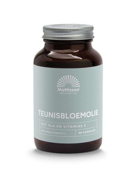 Mattisson Teunisbloemolie capsules with vitamin E, 1000mg, in a bottle, showcasing the capsules and label.