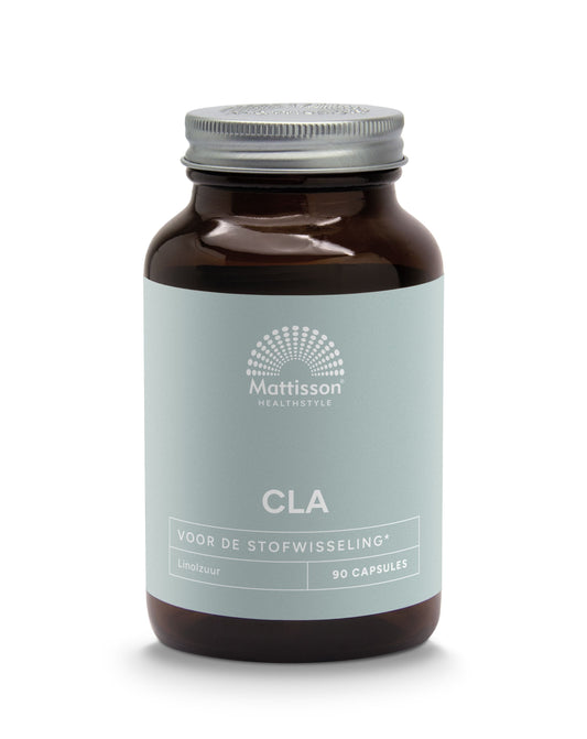 Mattisson CLA linoleic acid capsules, 800mg, 90 softgel capsules, showing the supplement bottle with capsules inside.
