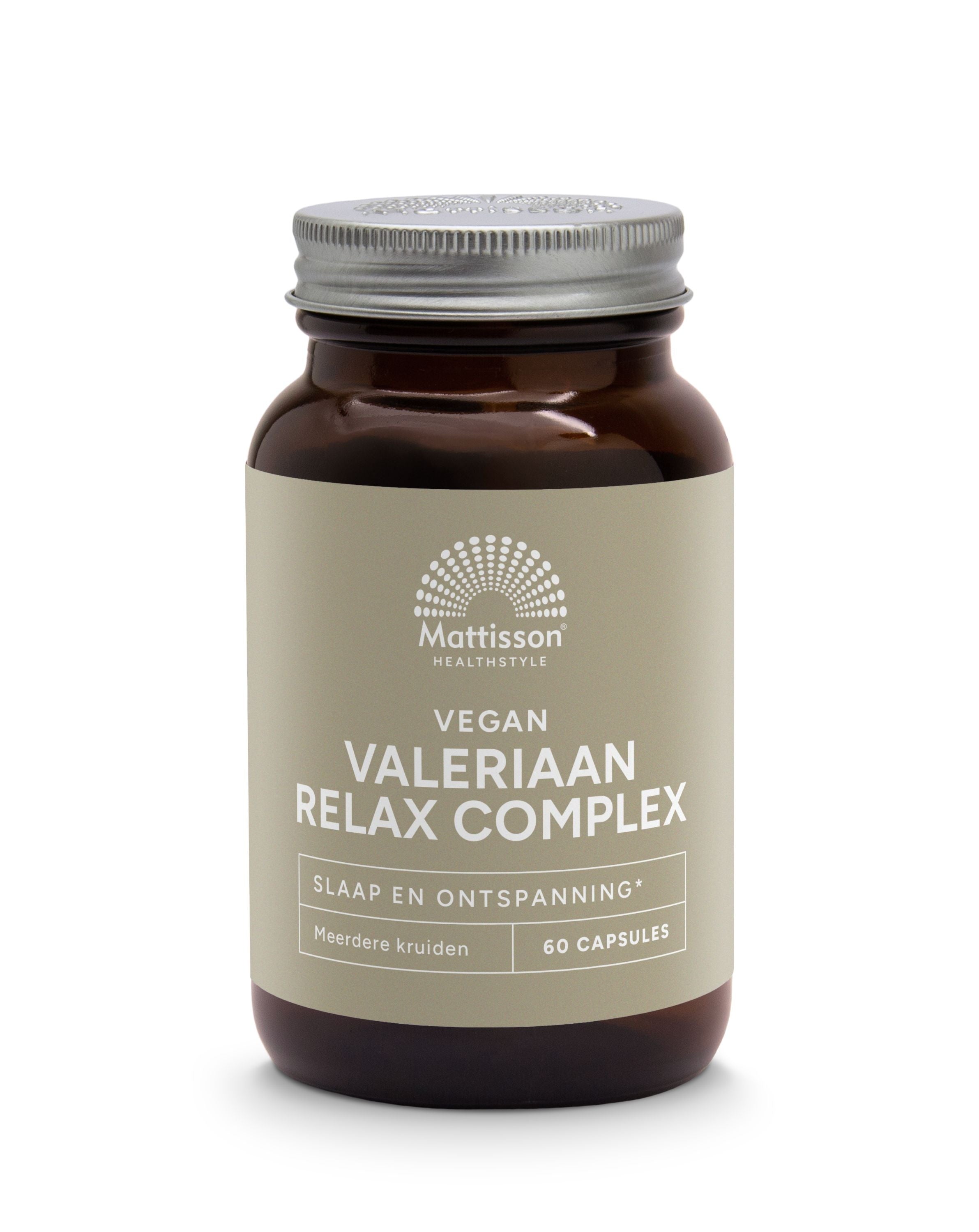 Mattisson Valeriaan Relax Complex capsules in a bottle, herbal supplement for relaxation and stress relief.