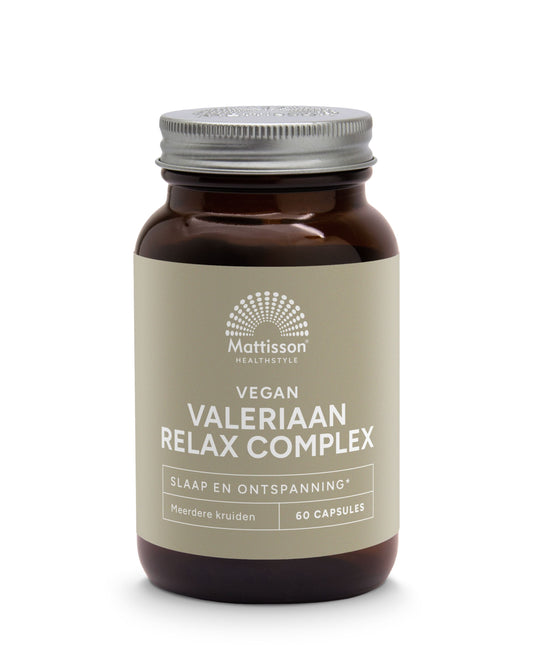 Mattisson Valeriaan Relax Complex capsules in a bottle, herbal supplement for relaxation and stress relief.
