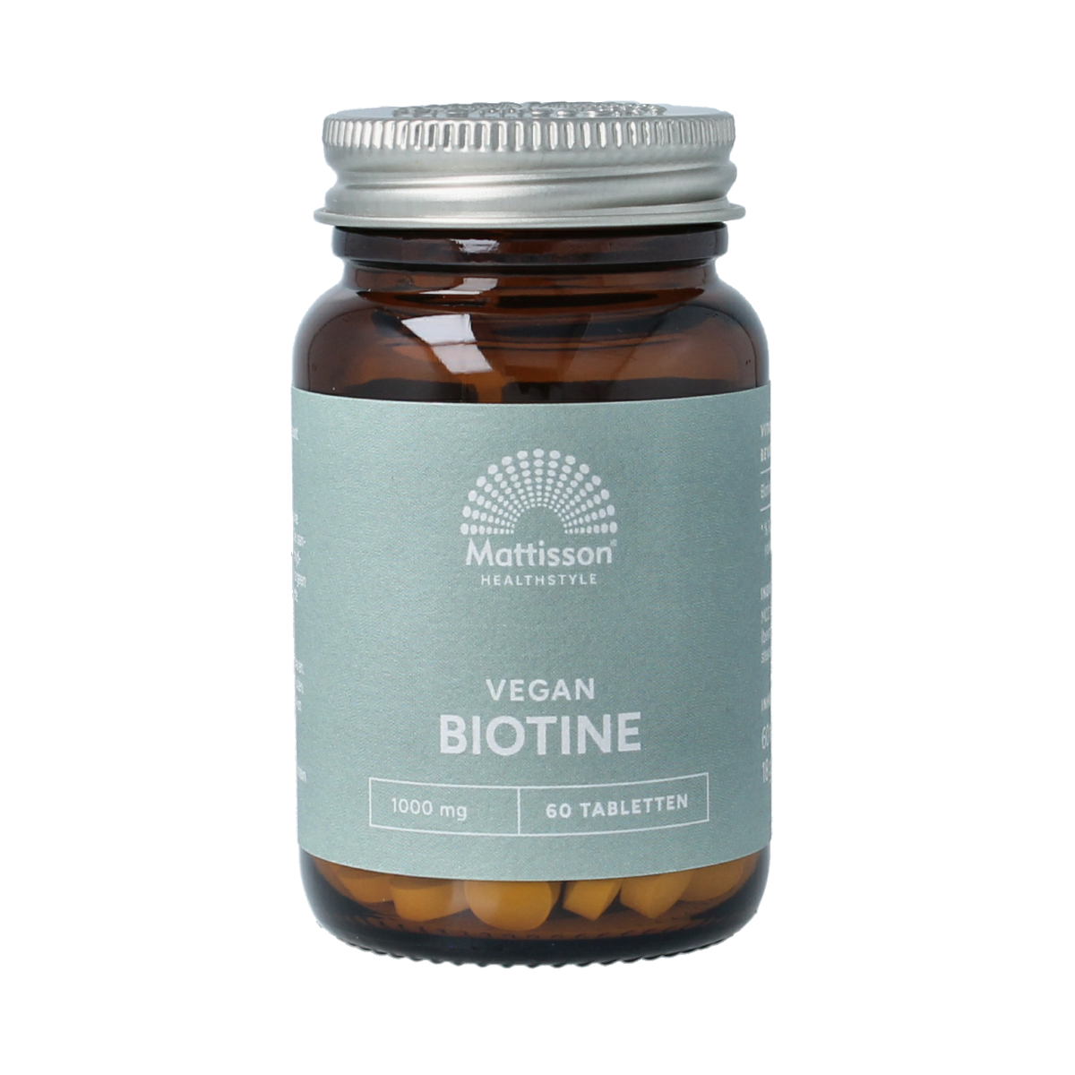 Mattisson Biotine 1000mcg vitamin tablets, 60-count bottle, showing the packaging and tablets inside.