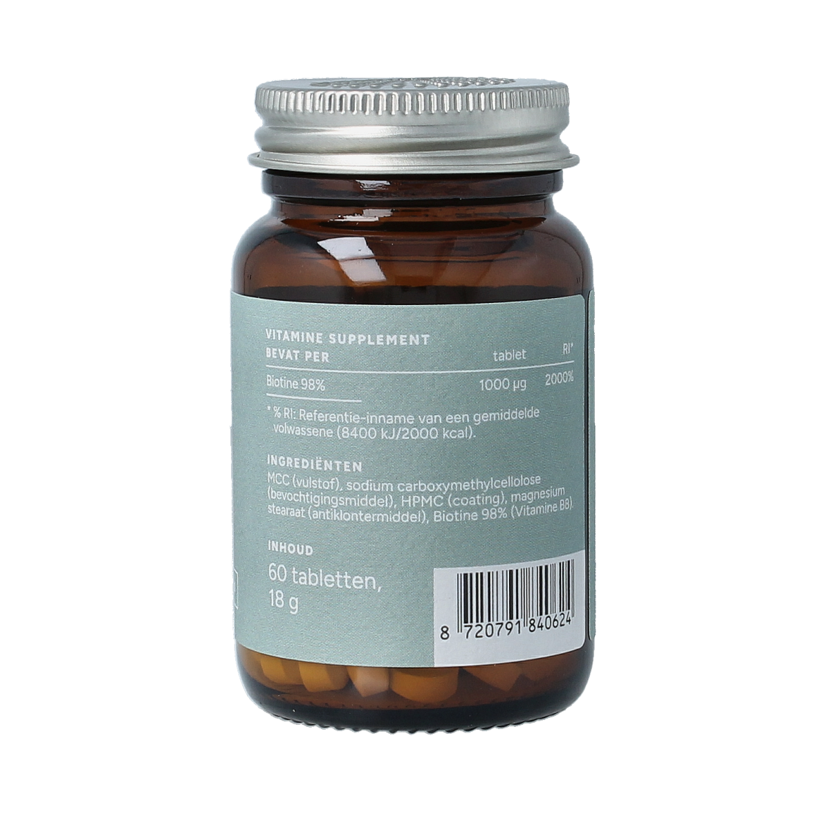 Mattisson Biotine 1000mcg vitamin tablets in a bottle, showing the packaging and tablets inside.