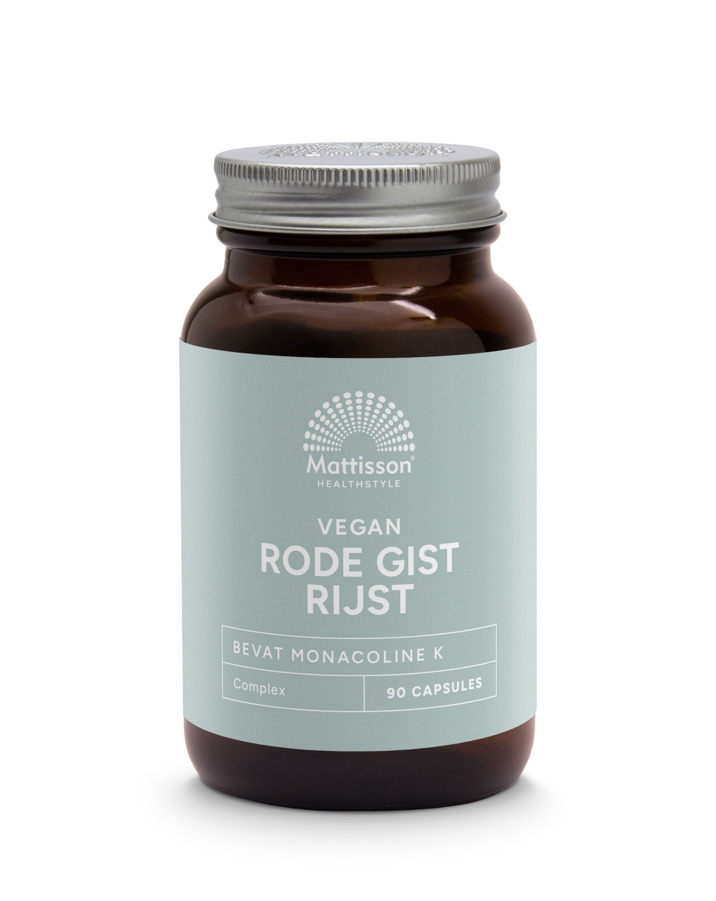 Mattisson Rode Gist Rijst Complex vegetarian capsules, herbal supplement in a white bottle with a label displaying product details.