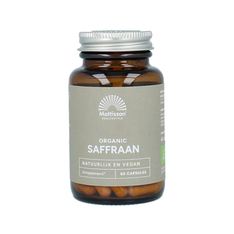 Mattisson Organic saffron 30mg bio vegetarian capsules displayed in a clear container, emphasizing natural herbal supplement.