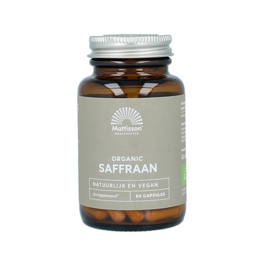 Mattisson Organic saffron 30mg bio vegetarian capsules displayed in a clear container, emphasizing natural herbal supplement.