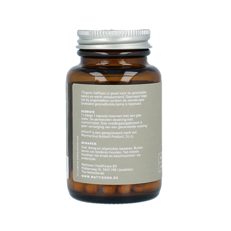 Mattisson Organic saffron capsules, 30mg bio, 60 vegetarian herbal supplement capsules with saffron threads in a clear container.