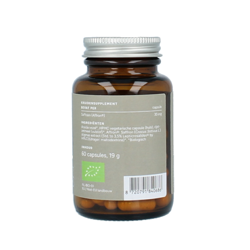 Mattisson Organic saffron capsules, 30mg bio, 60 vegetarian herbal supplement capsules in a clear container on a white background.