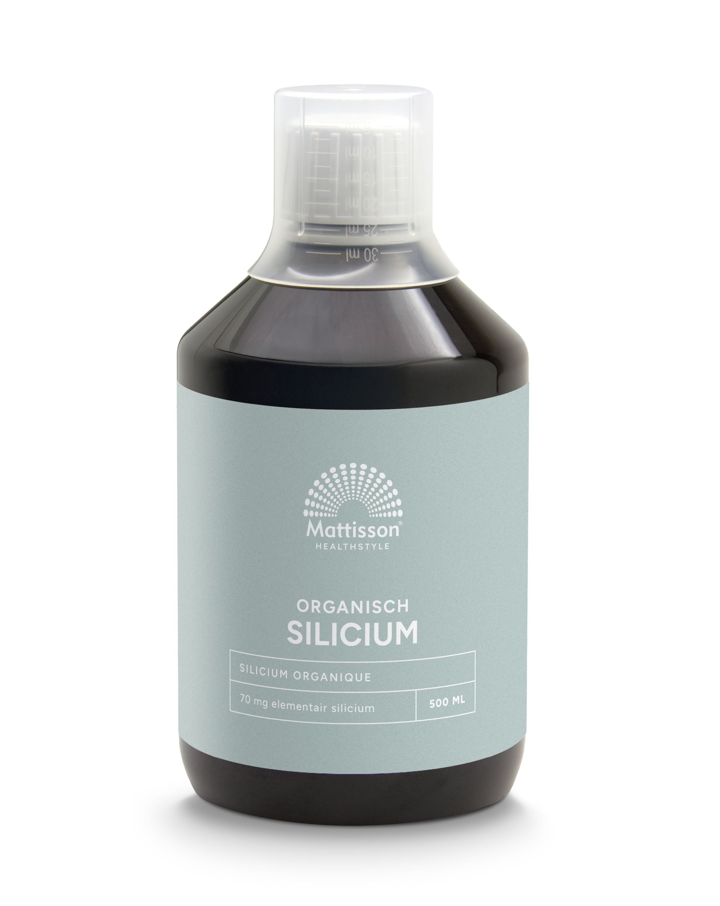 Bottle of Mattisson Organic Silicium 70mg mineral supplement in 500ml container with label and cap.