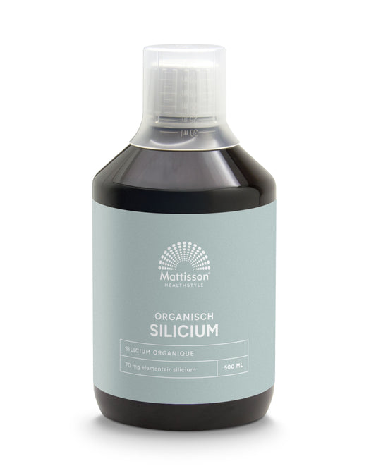 Bottle of Mattisson Organic Silicium 70mg mineral supplement in 500ml container with label and cap.