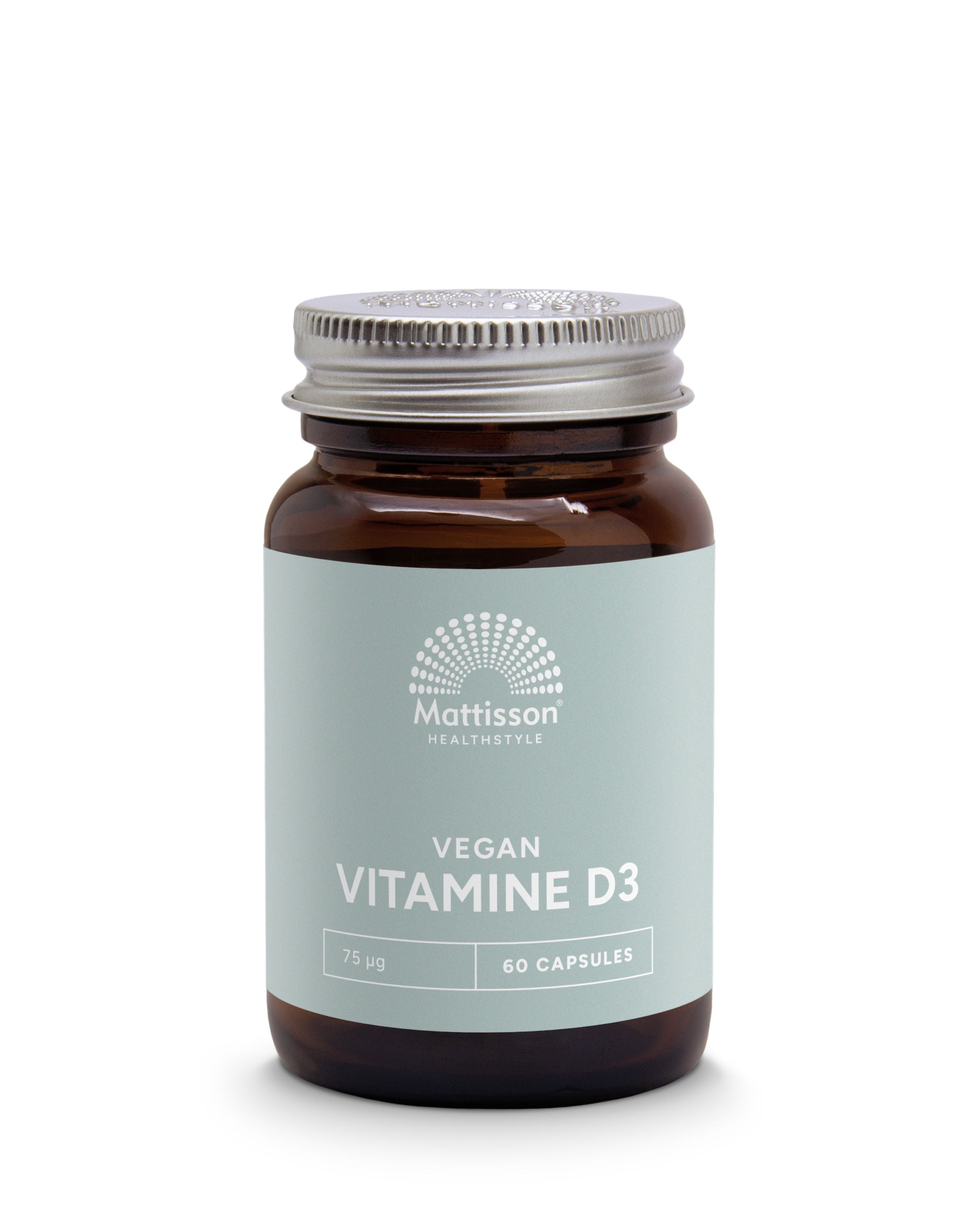 Mattisson Vegan Vitamin D3 75mcg capsules in a bottle, showing the supplement's label and capsules inside.