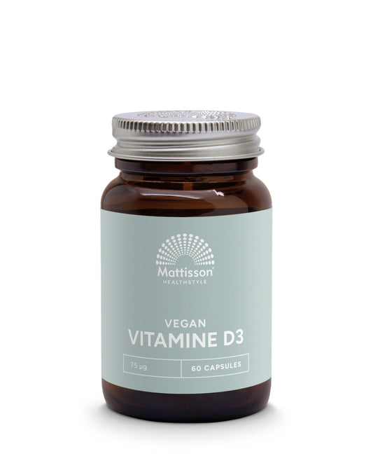 Mattisson Vegan Vitamin D3 75mcg capsules in a bottle, showing the supplement's label and capsules inside.