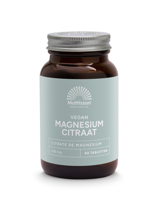 Mattisson Magnesium Citraat 200mg mineral supplement, 60 tablets, showing the bottle and tablets inside the container.
