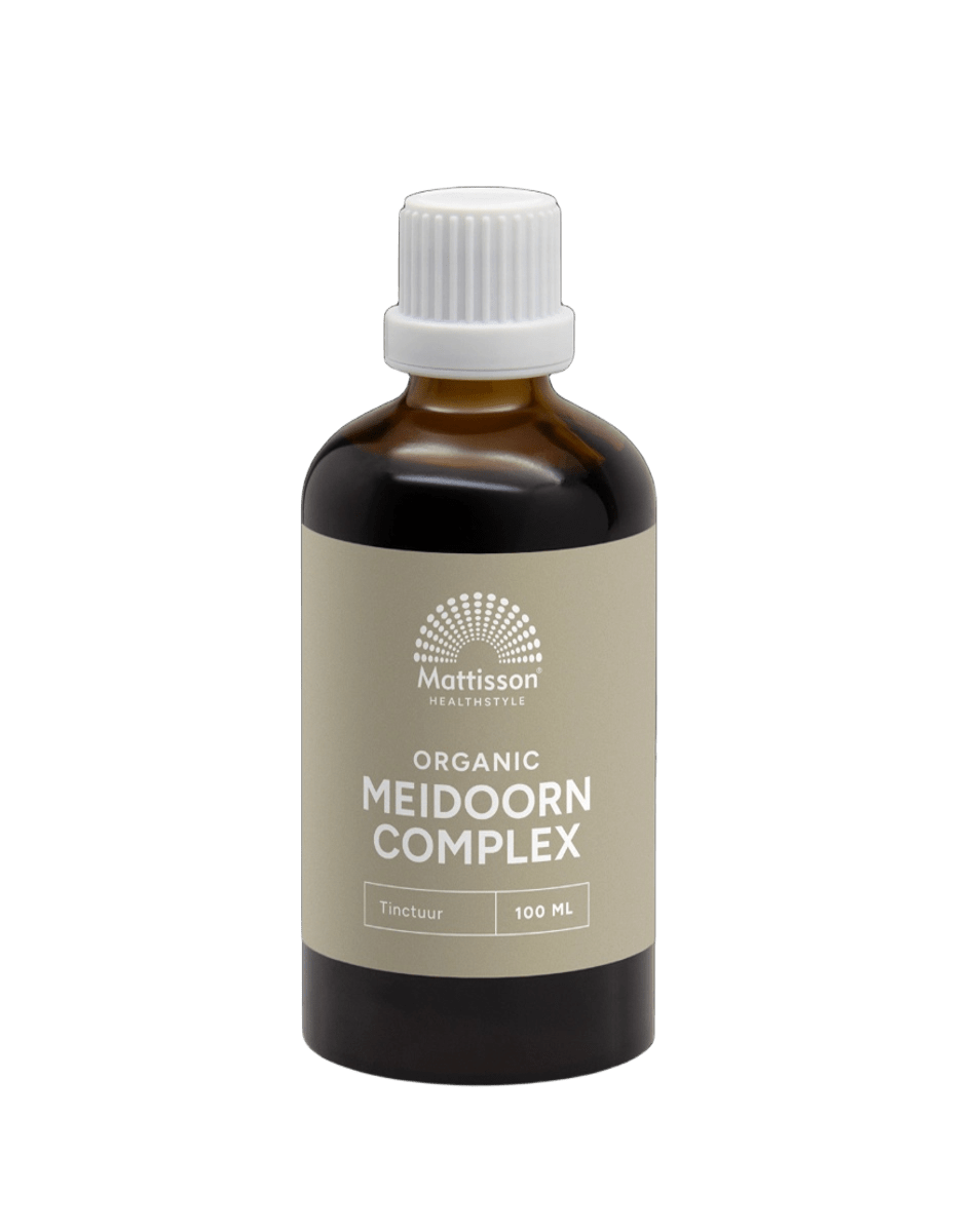 Organic Mattisson Meidoorn complex tincture in a 100ml bottle, herbal preparation with natural meidoorn extract.