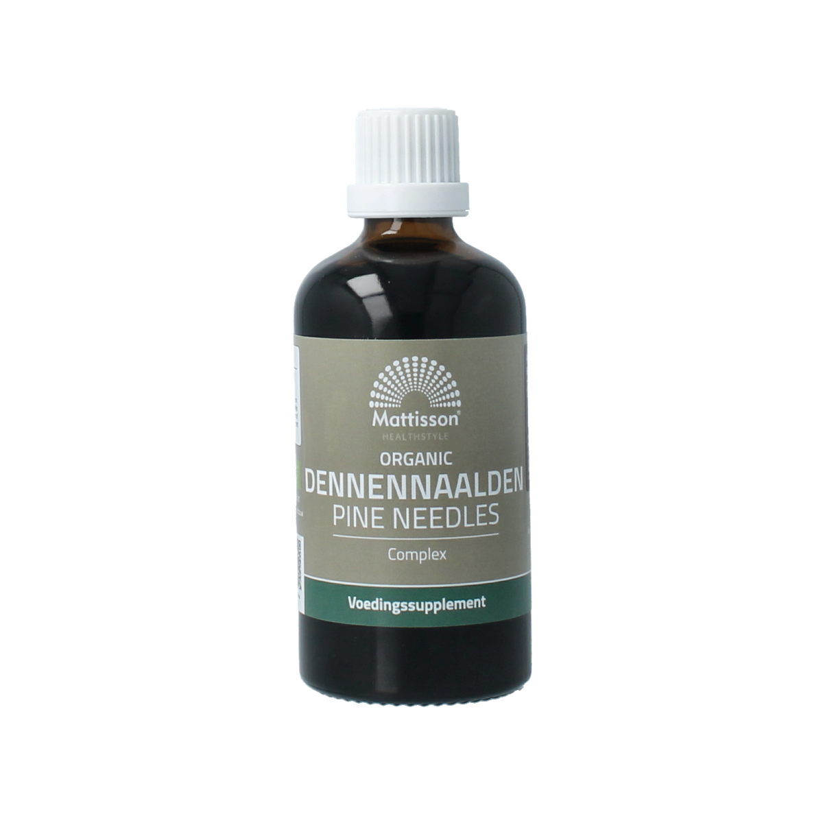 Mattisson Organic Dennennaalden complex tinctuur in 100ml bottle, herbal supplement with botanical ingredients, natural remedy.