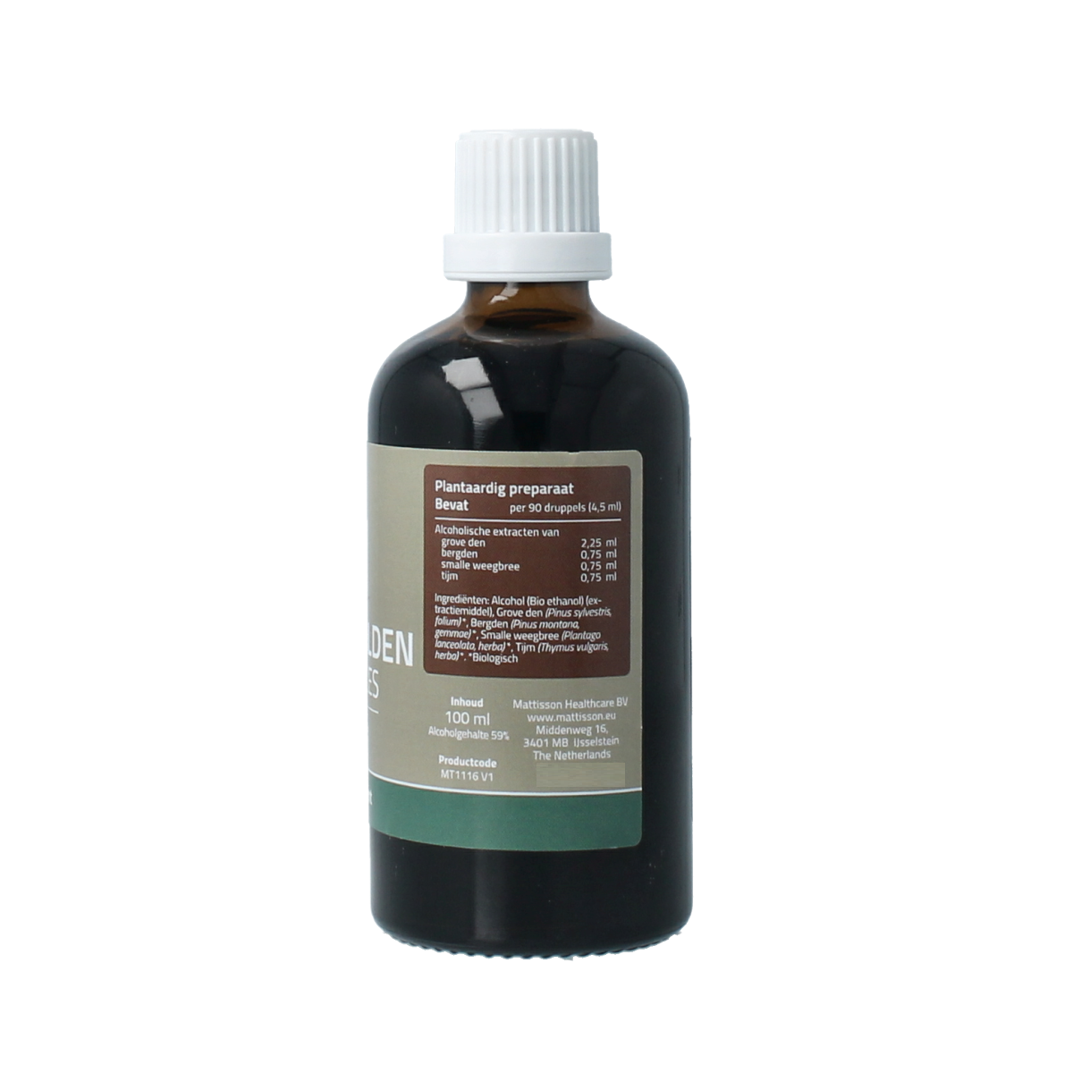 Mattisson Organic Dennennaalden tincture in a 100ml bottle, herbal complex preparation with natural ingredients.