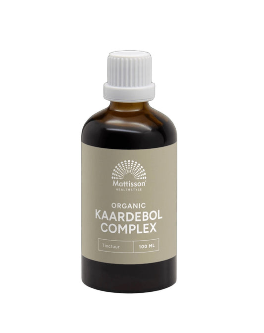 Mattisson Organic Kaardebol Complex Tincture in 100ml bottle, herbal kruidenpreparaat with natural ingredients and bio certification.