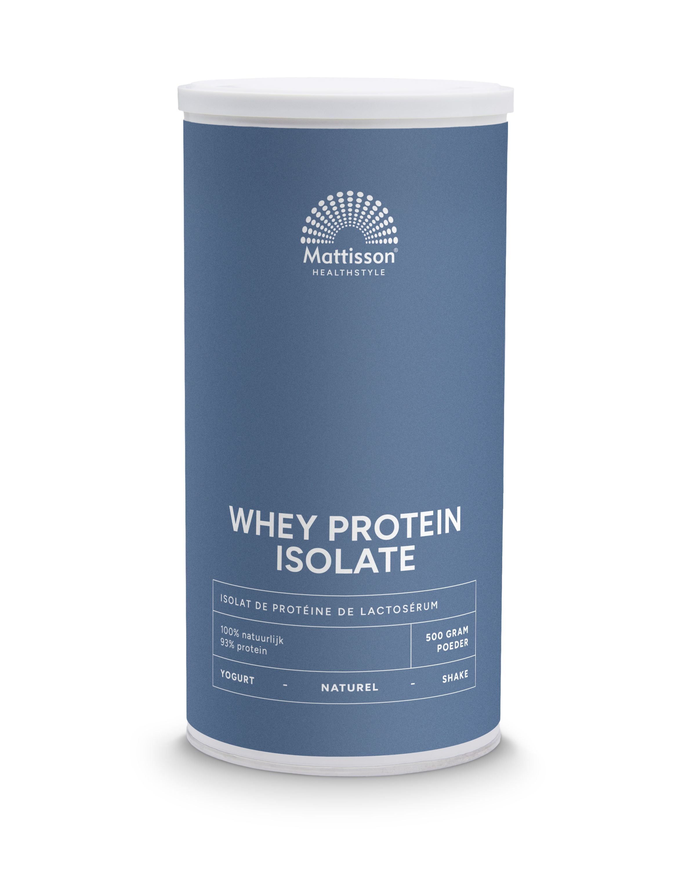 Mattisson Whey protein isolate powder for sports, 500g container, highlighting amino acids in a clear product image.