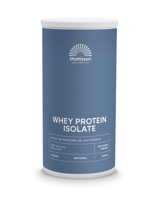 Mattisson Whey protein isolate powder for sports, 500g container, highlighting amino acids in a clear product image.