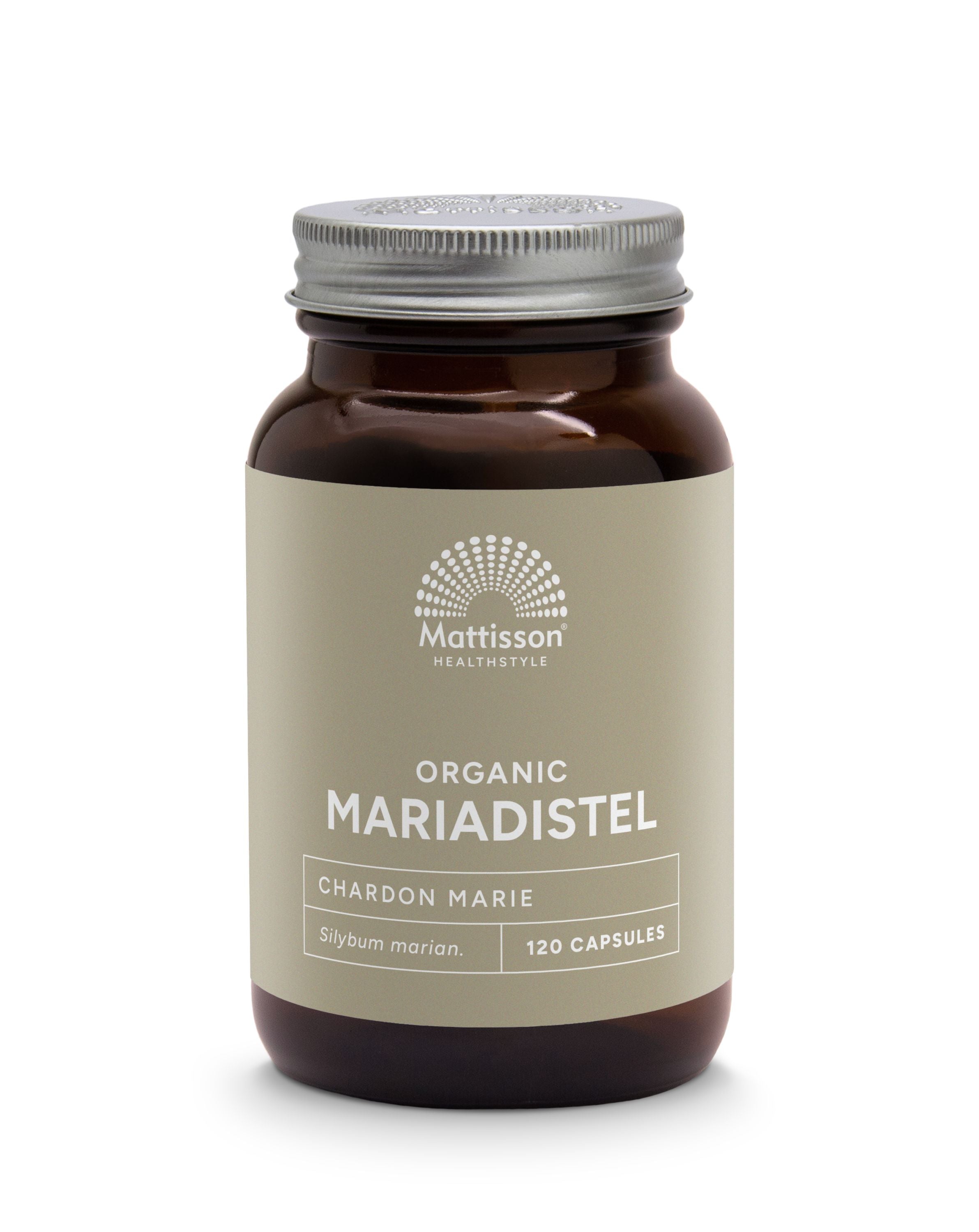 Organic Mattisson Mariadistel 250mg herbal capsules in a bottle, vegetarian supplement for liver support, shown in the image.