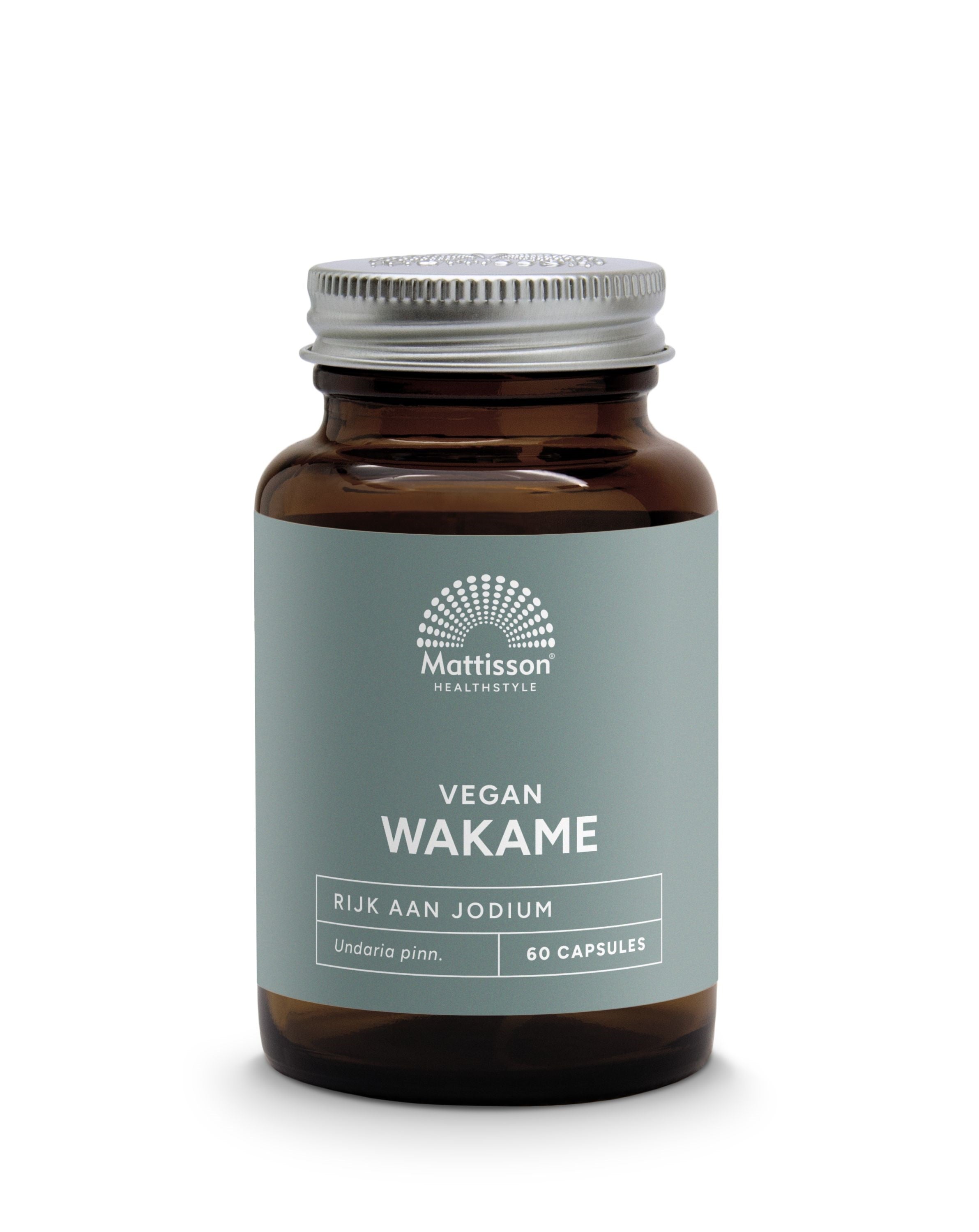 Mattisson Wakame 1000mg vegetarian capsules with iodine, herbal supplement in a clear bottle, close-up of the product packaging.