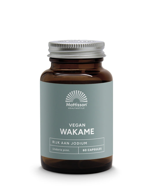 Mattisson Wakame 1000mg vegetarian capsules with iodine, herbal supplement in a clear bottle, close-up of the product packaging.