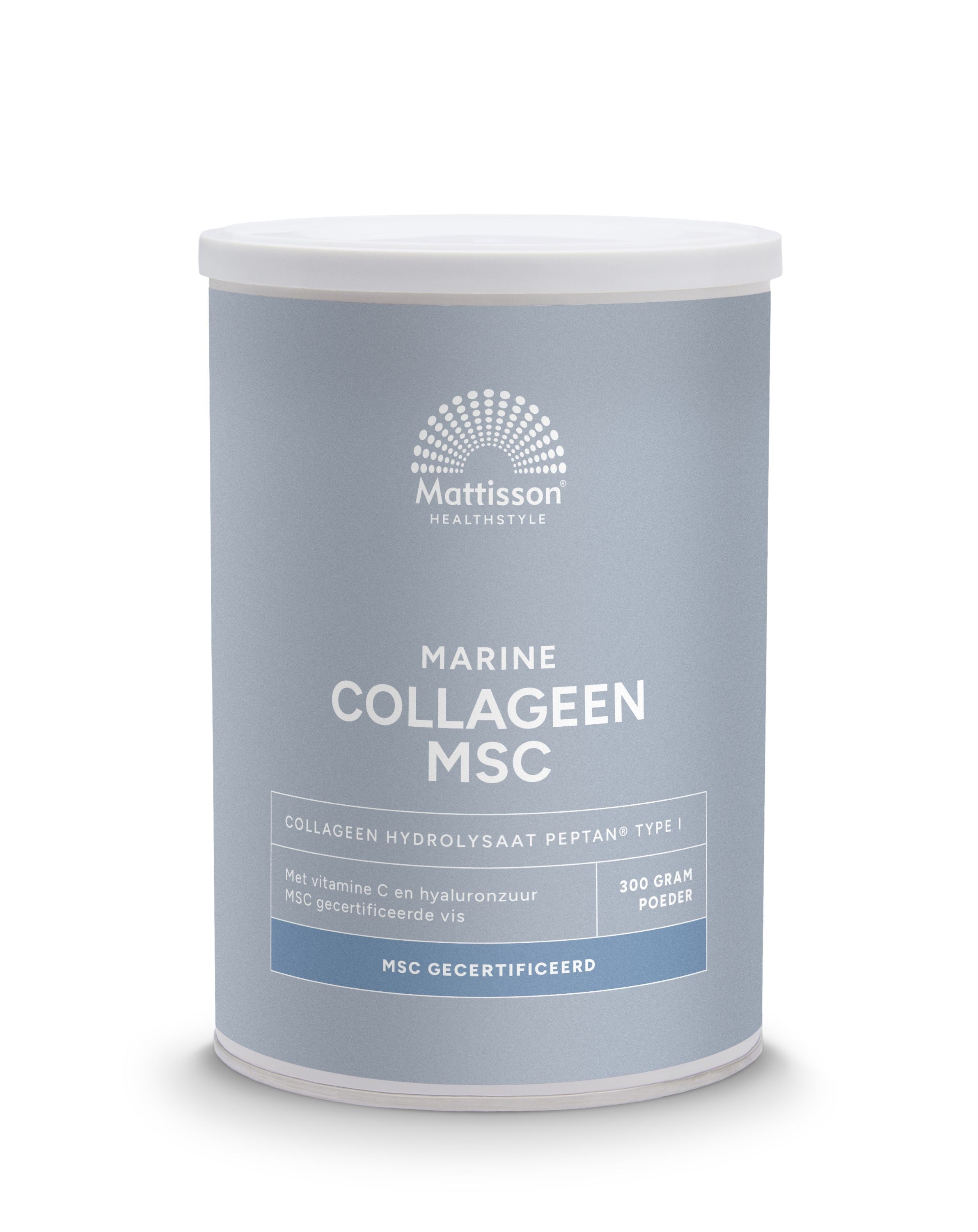 Mattisson Marine Vis Collagen Powder Blend Peptan MSC container, showing the label and product packaging.