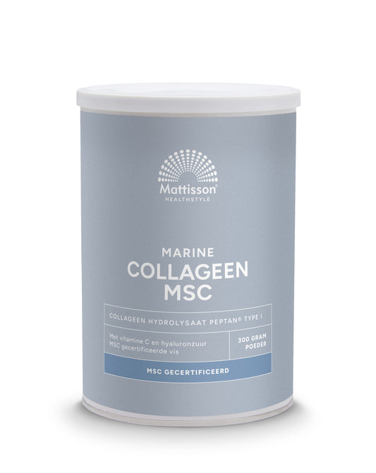 Mattisson Marine Vis Collagen Powder Blend Peptan MSC container, showing the label and product packaging.