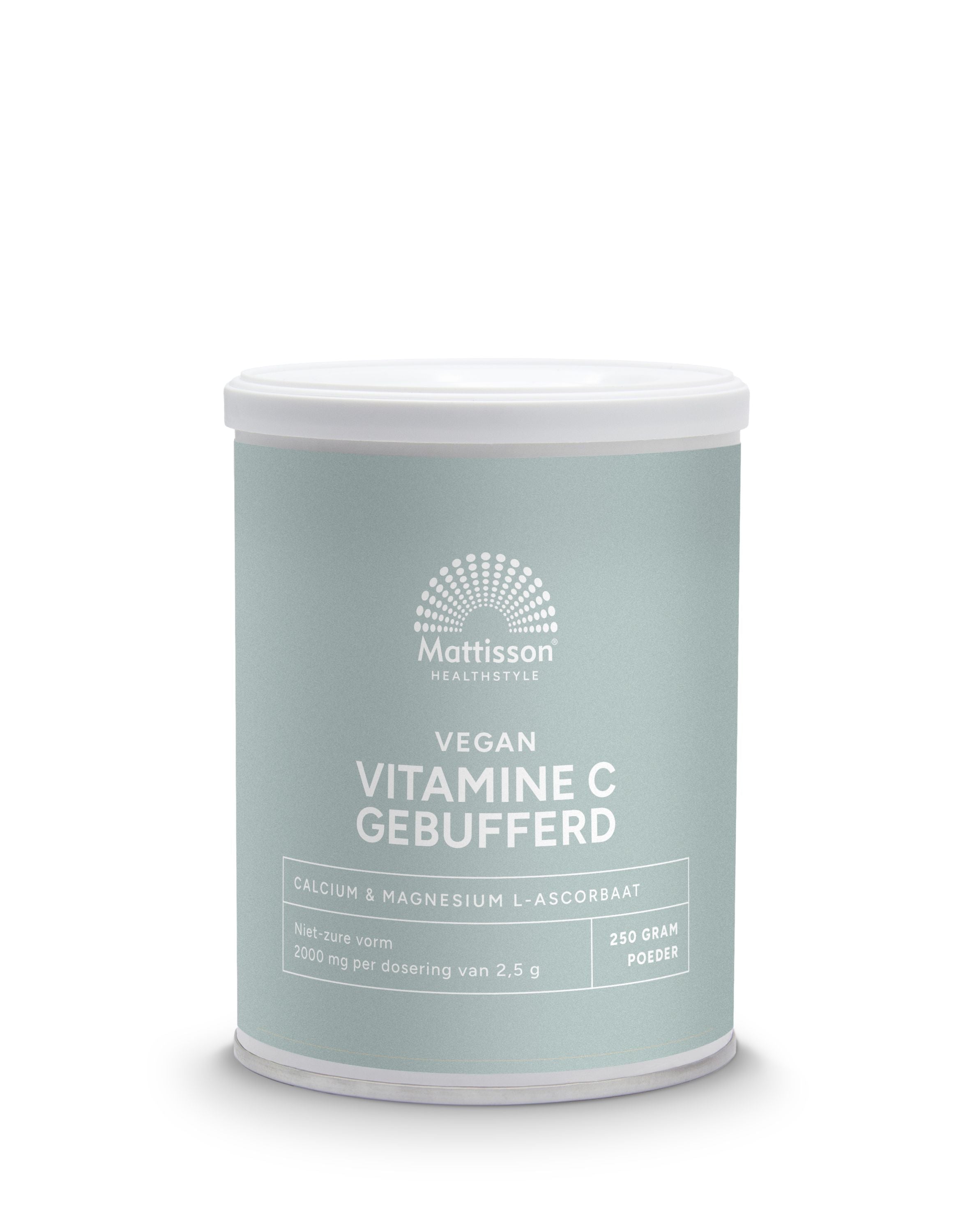 Mattisson Vitamin C buffered calcium and magnesium ascorbate powder, 250g jar with label showing ingredients and branding.