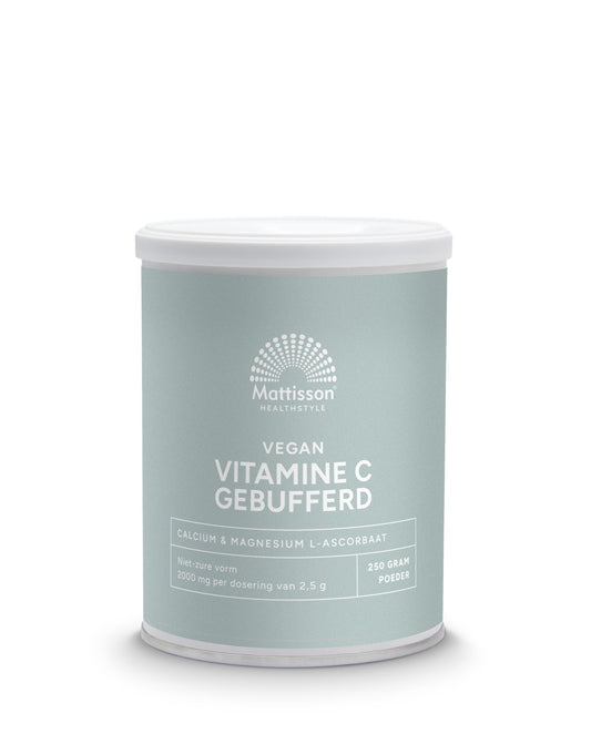 Mattisson Vitamin C buffered calcium and magnesium ascorbate powder, 250g jar with label showing ingredients and branding.