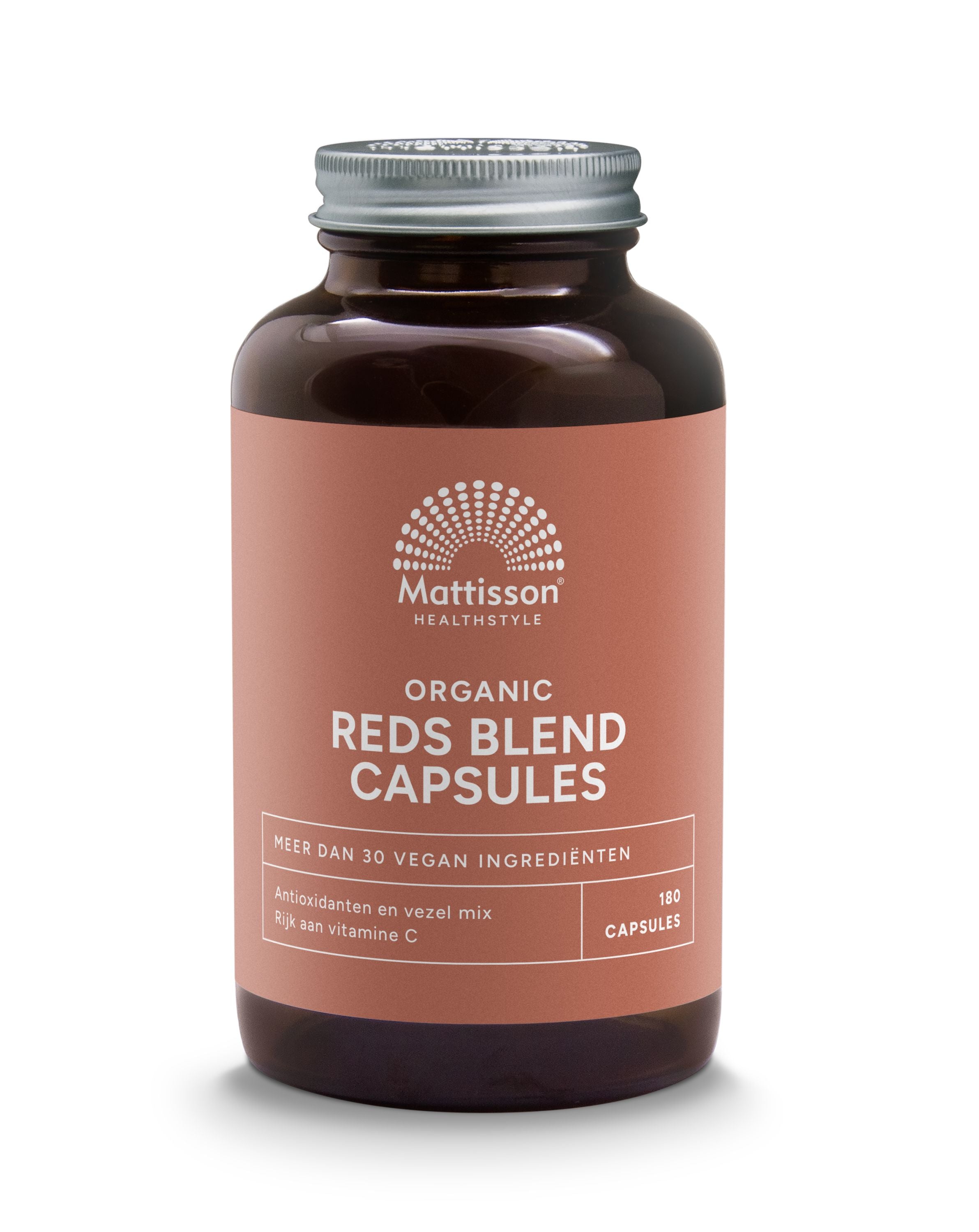 Mattisson Organic Reds Blend capsules, vegetarian herbal supplement in a white bottle with a label, shown in the image.