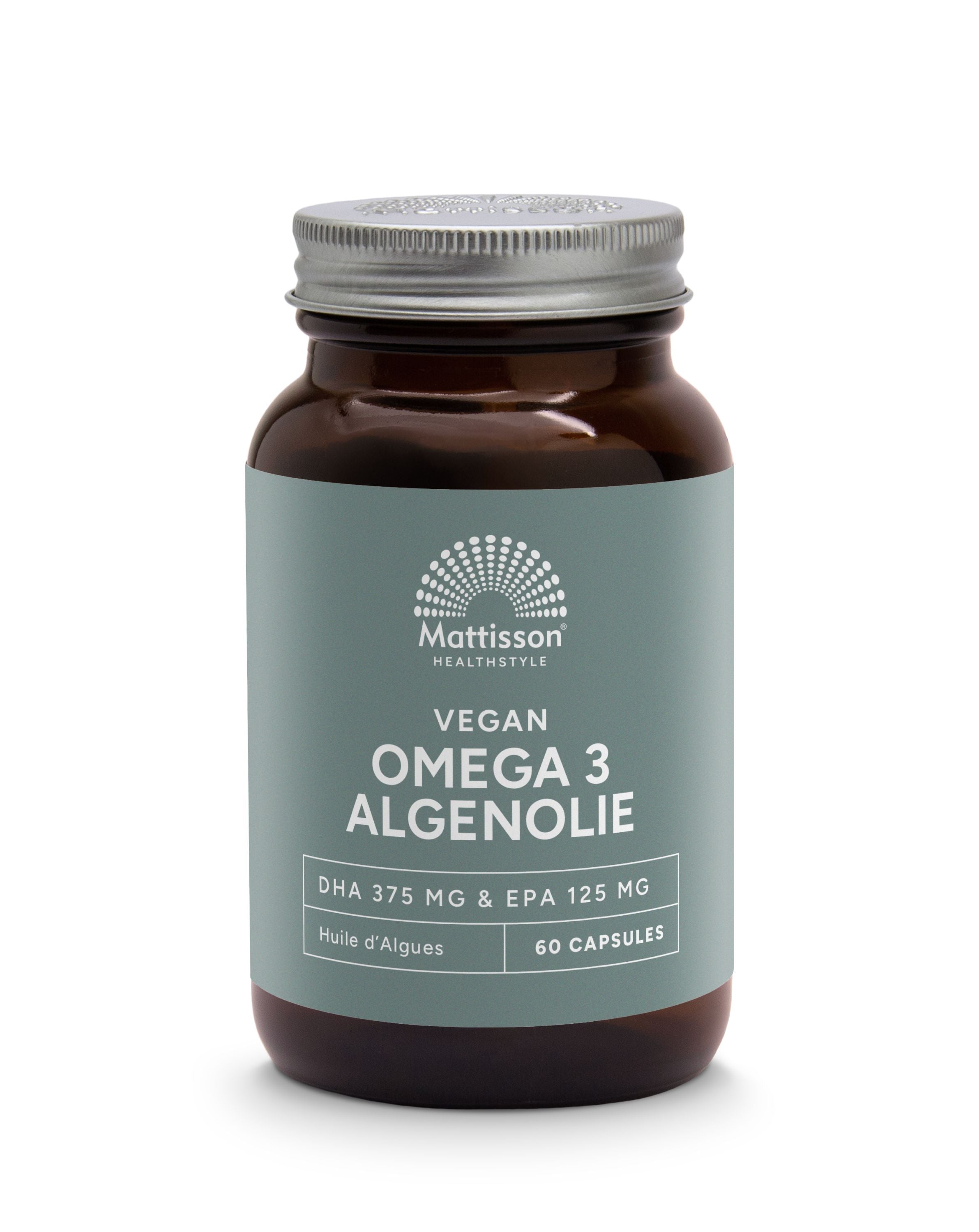 Mattisson Vegan Omega 3 Algenolie softgels bottle with 60 capsules, showing the product label and softgel capsules inside.