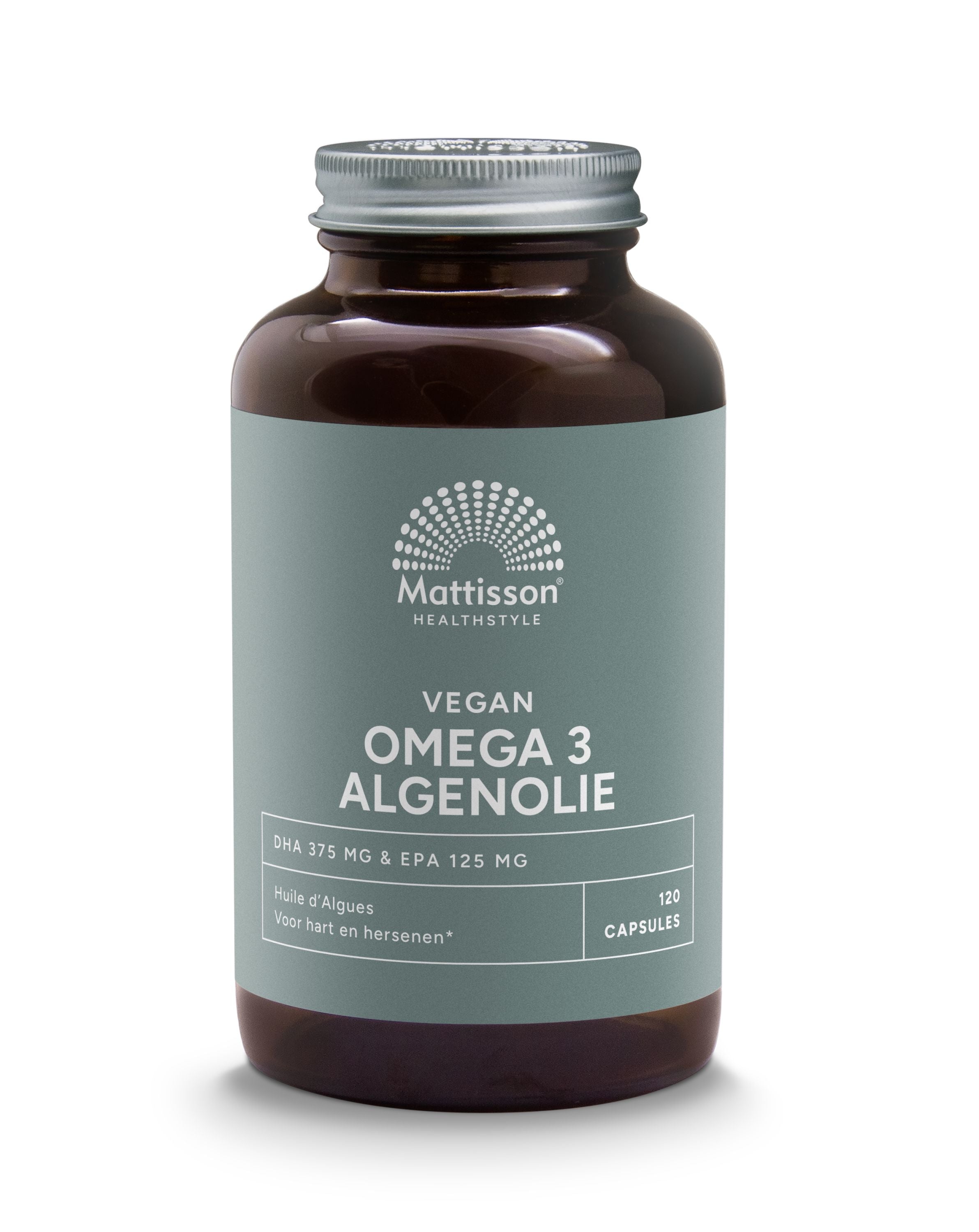 Vegan omega-3 algenolie capsules by Mattisson with DHA 375mg and EPA 125mg, vegetarian dietary supplement.
